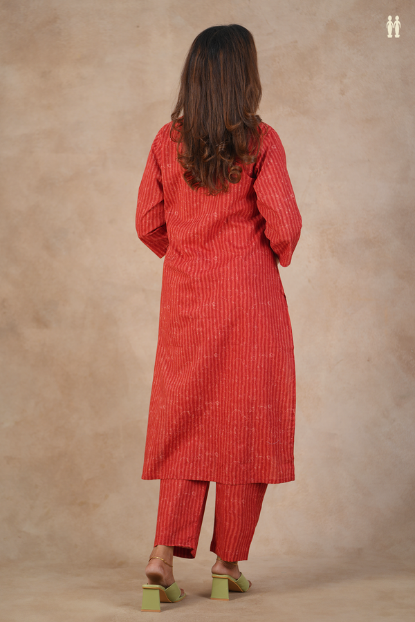 V-Neck Stripes Design Red Cotton Salwar Set