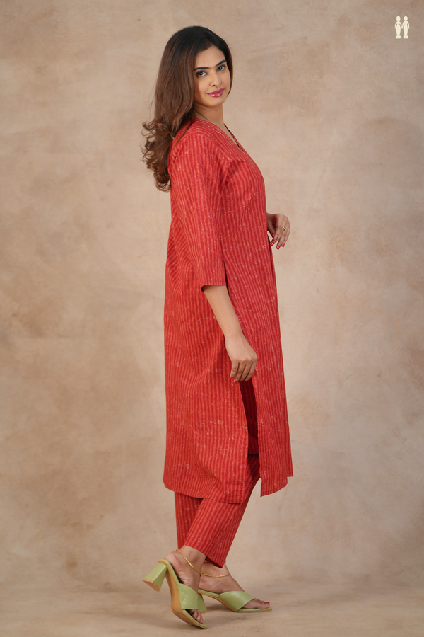 V-Neck Stripes Design Red Cotton Salwar Set