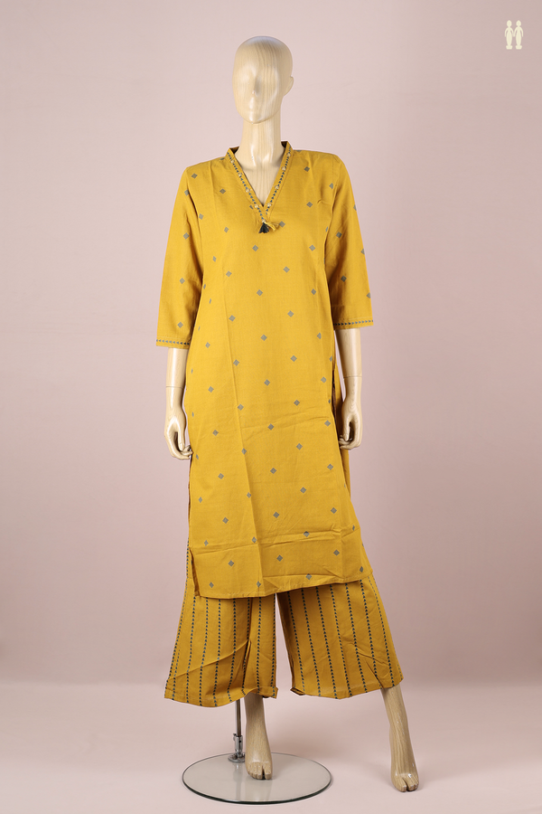 V-Neck Threadwork Buttas Golden Brown Cotton Salwar Set
