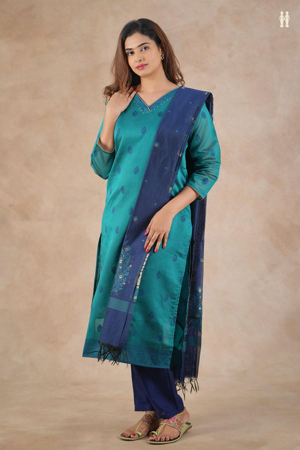 V-Neck Threadwork Buttas Green Silk Cotton Salwar Set