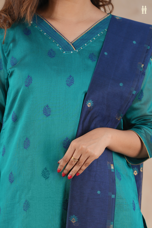 V-Neck Threadwork Buttas Green Silk Cotton Salwar Set