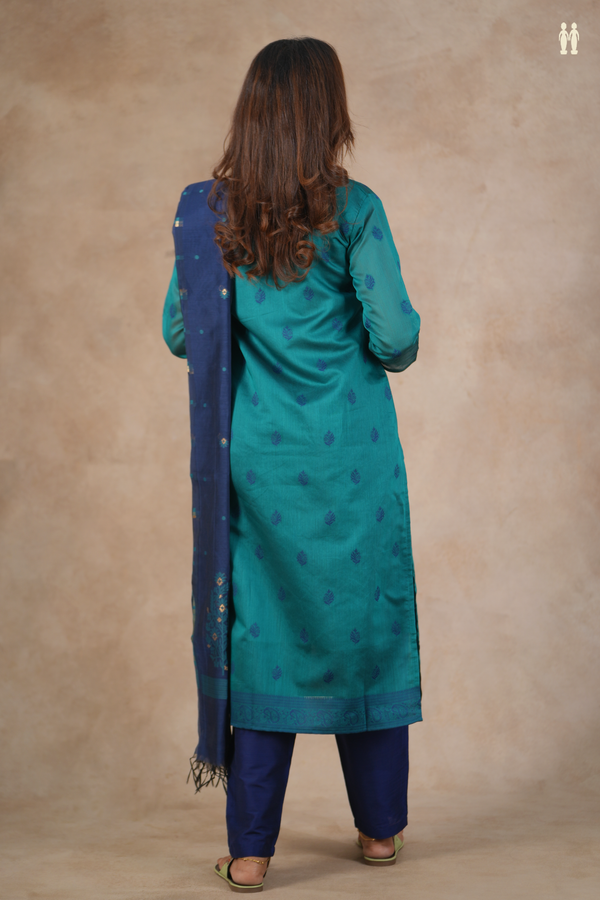 V-Neck Threadwork Buttas Green Silk Cotton Salwar Set