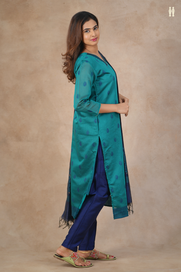 V-Neck Threadwork Buttas Green Silk Cotton Salwar Set