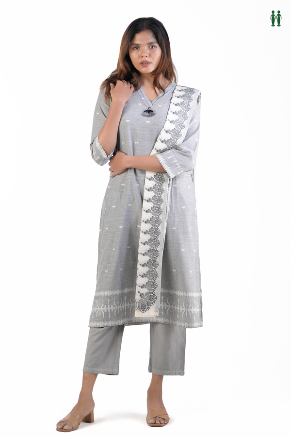 V-Neck Threadwork Buttas Grey Cotton Salwar Set