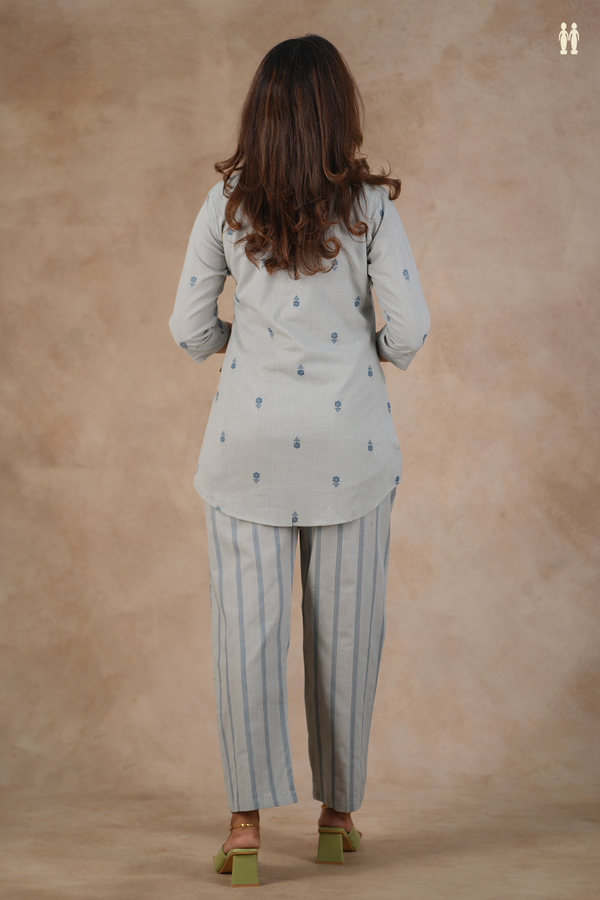 V-Neck Threadwork Buttas Grey Cotton Top And Bottom Set