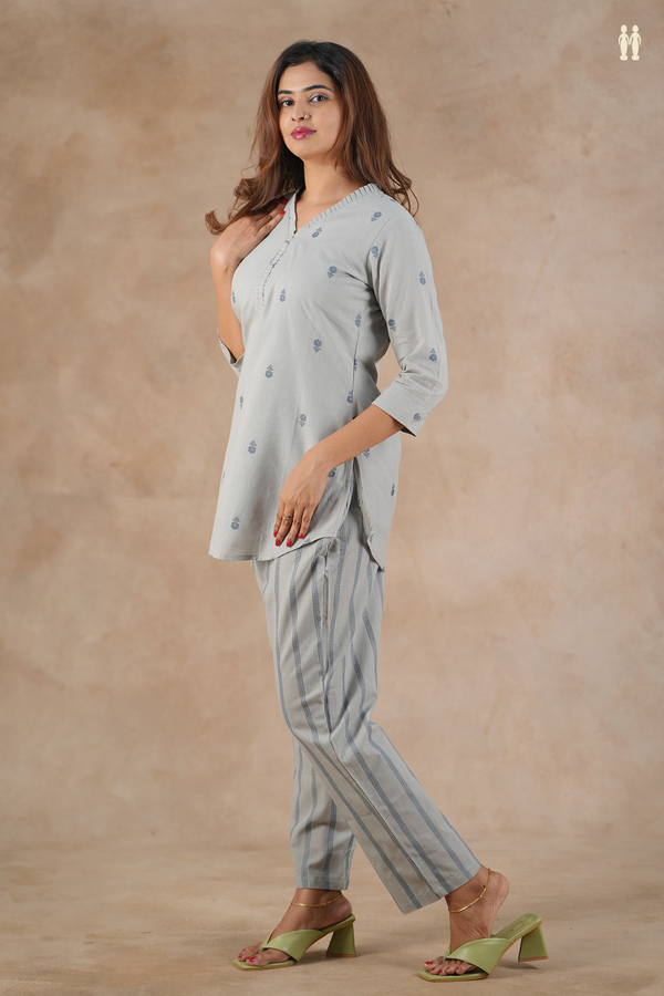 V-Neck Threadwork Buttas Grey Cotton Top And Bottom Set