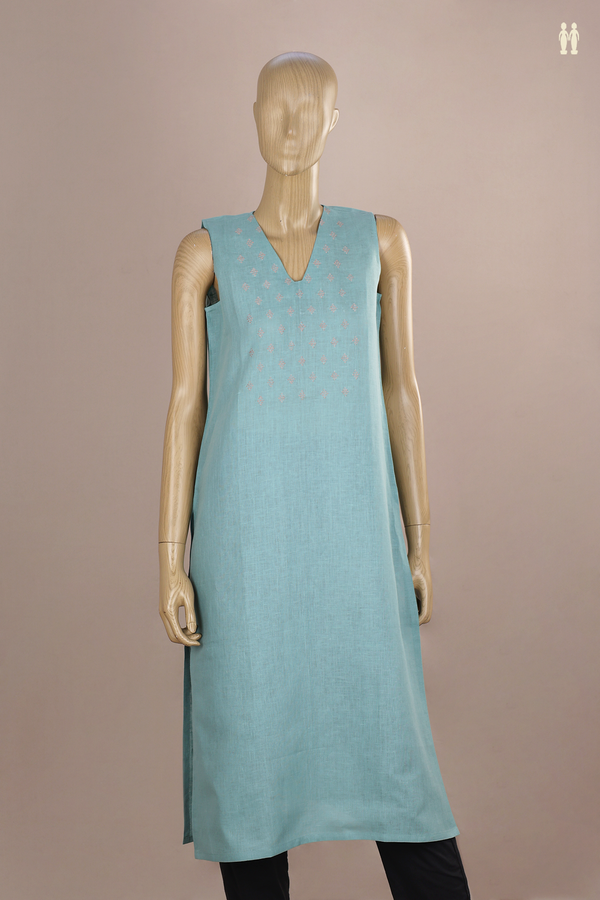 V-Neck Threadwork Buttas Turkish Blue Long Kurta