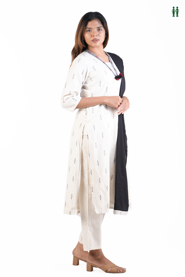 V-Neck Threadwork Buttas White Cotton Salwar Set