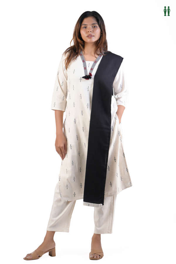 V-Neck Threadwork Buttas White Cotton Salwar Set