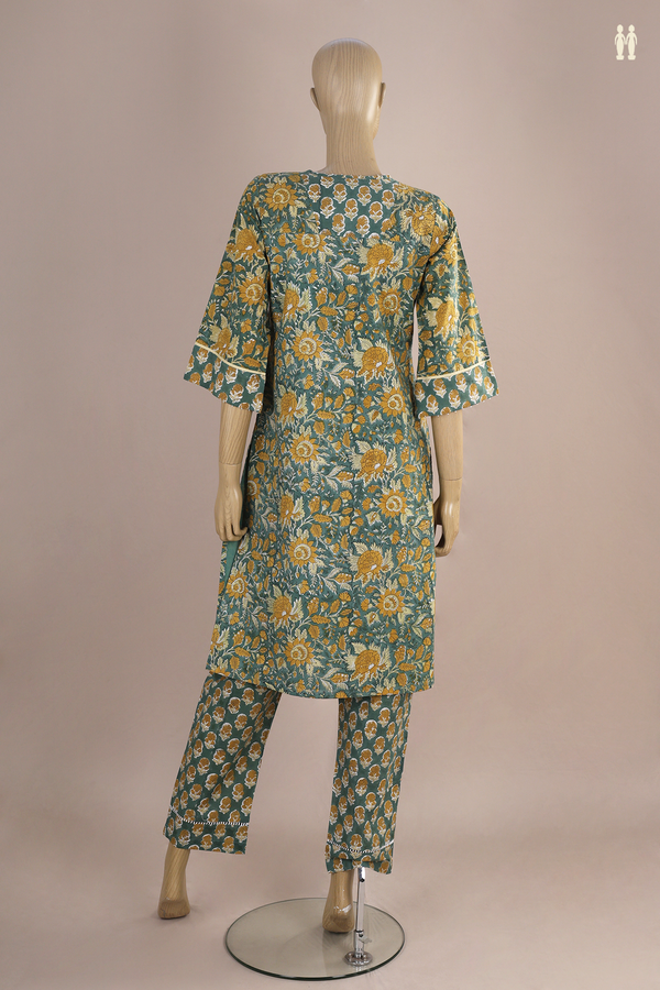 V-Split Neck Floral Design Sage Green Jaipur Cotton Salwar Set