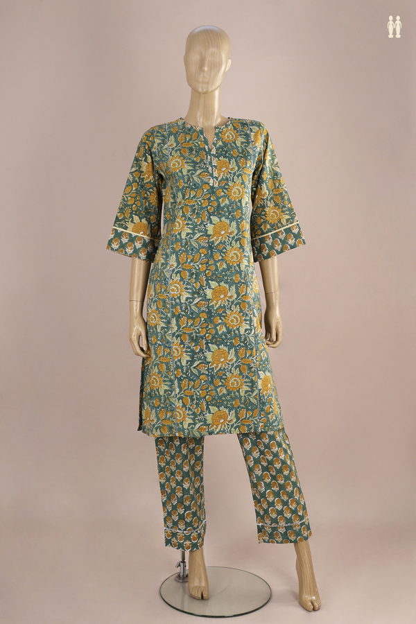 V-Split Neck Floral Design Sage Green Jaipur Cotton Salwar Set