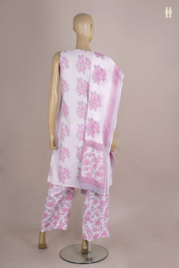 V-Split Neck Floral Design White Cotton Salwar Set