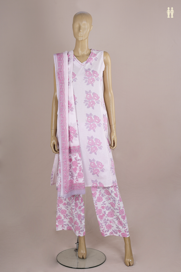 V-Split Neck Floral Design White Cotton Salwar Set