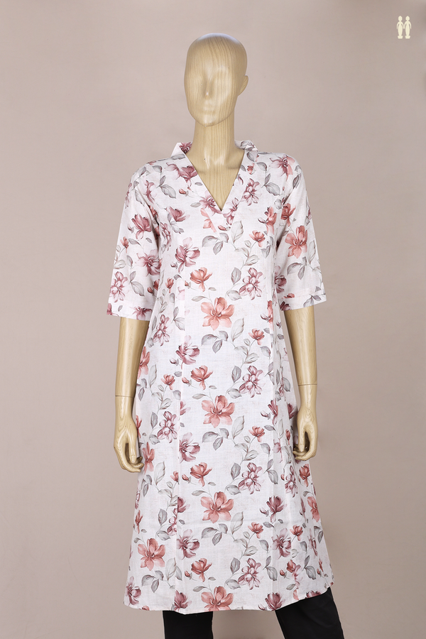 V-Split Neck Floral Design White Jaipur Cotton Long Kurta