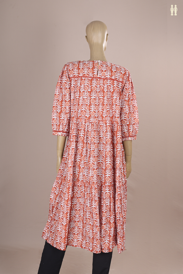 V-Split Neck Floral Printed Brown Cotton Long Kurta