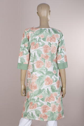 V-Split Neck Floral Printed White Cotton Long Kurta
