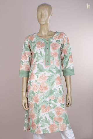 V-Split Neck Floral Printed White Cotton Long Kurta