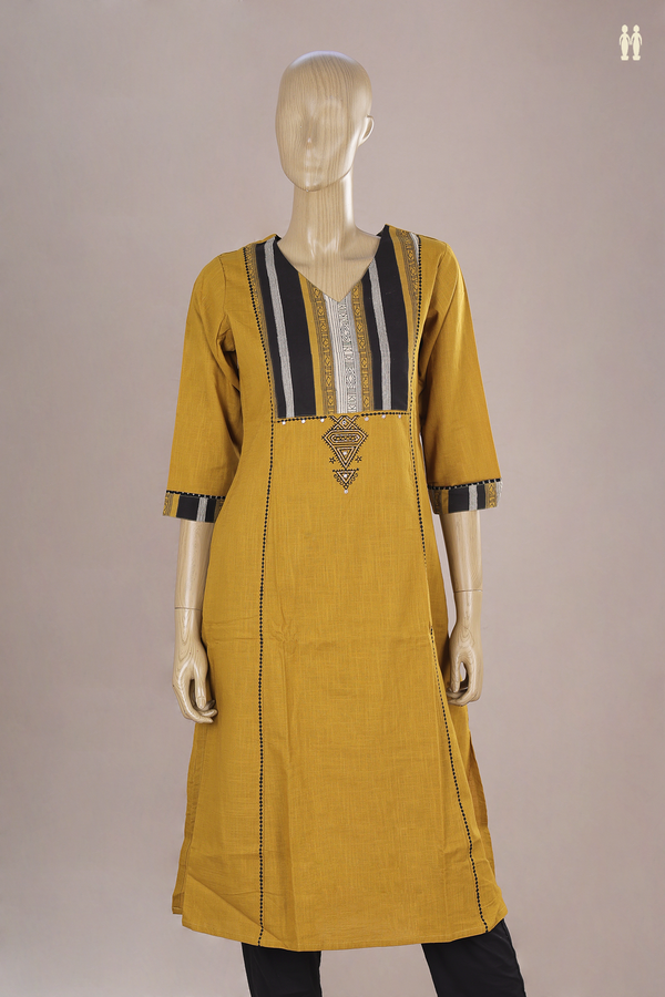 V Neck Plain Golden Brown Dobby Cotton Long Kurta