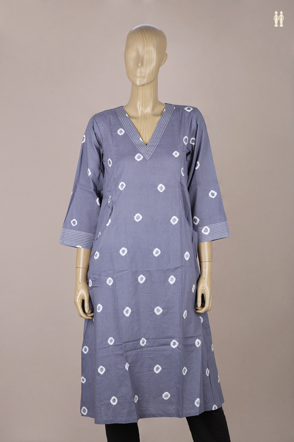 V-Neck Printed Buttas Grey Dobby Cotton Long Kurta