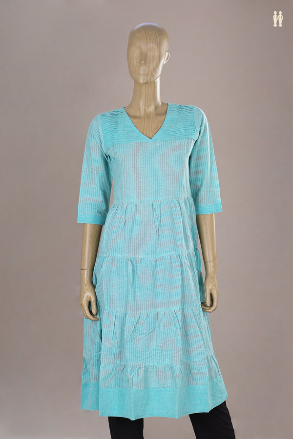 V Neck Stripes Design Blue Dobby Cotton Long Kurta