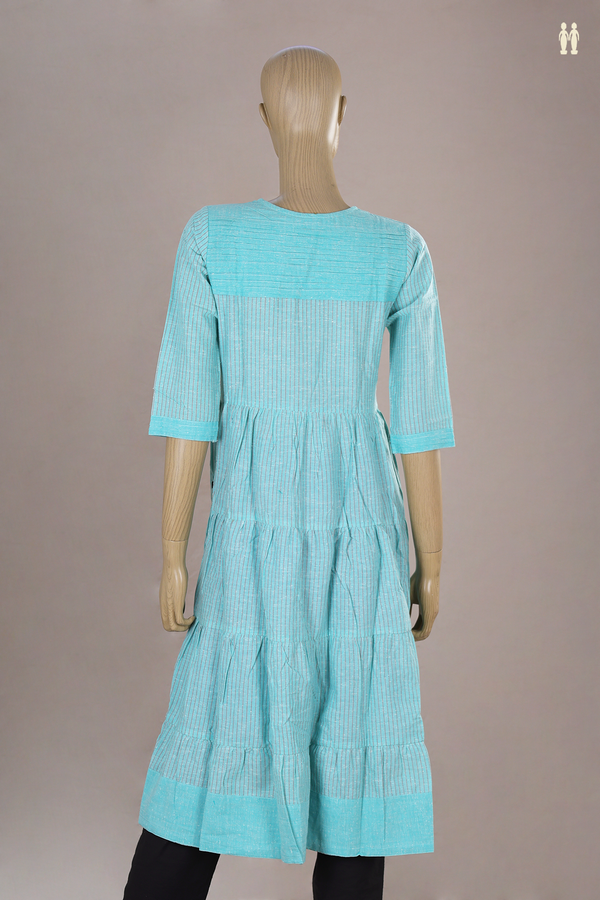 V Neck Stripes Design Blue Dobby Cotton Long Kurta