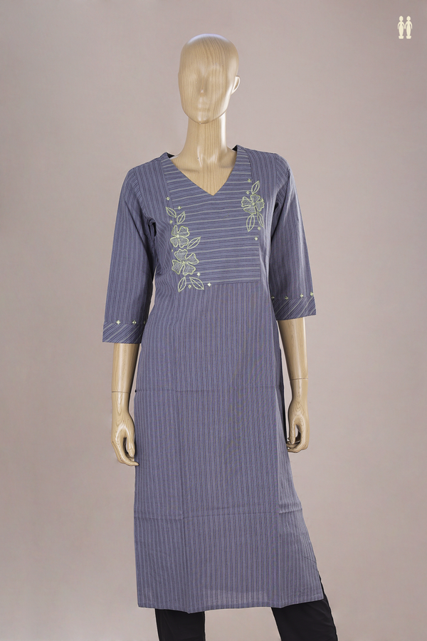 V Neck Stripes Design Grey Dobby Cotton Long Kurta