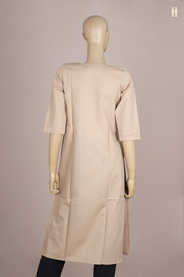V-Split Neck Threadwork Design Khaki Linen Long Kurta