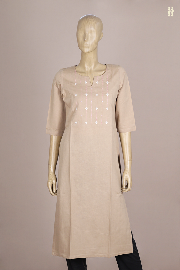 V-Split Neck Threadwork Design Khaki Linen Long Kurta