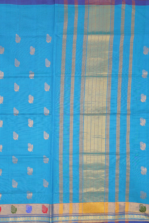 Venkatagiri Cotton Saree In Blue With Zari Buttas
