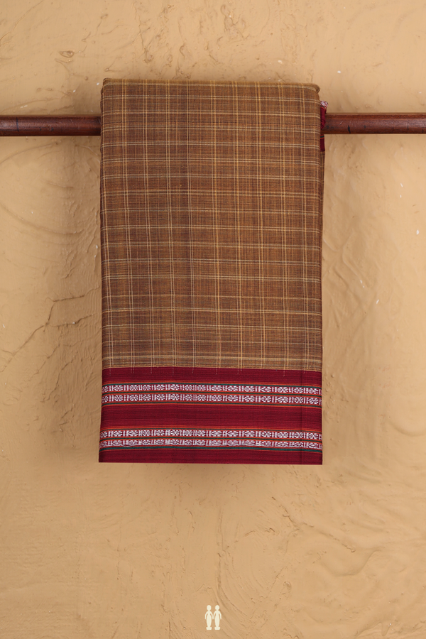Narayanpet Cotton Saree In Brown With Checks Design