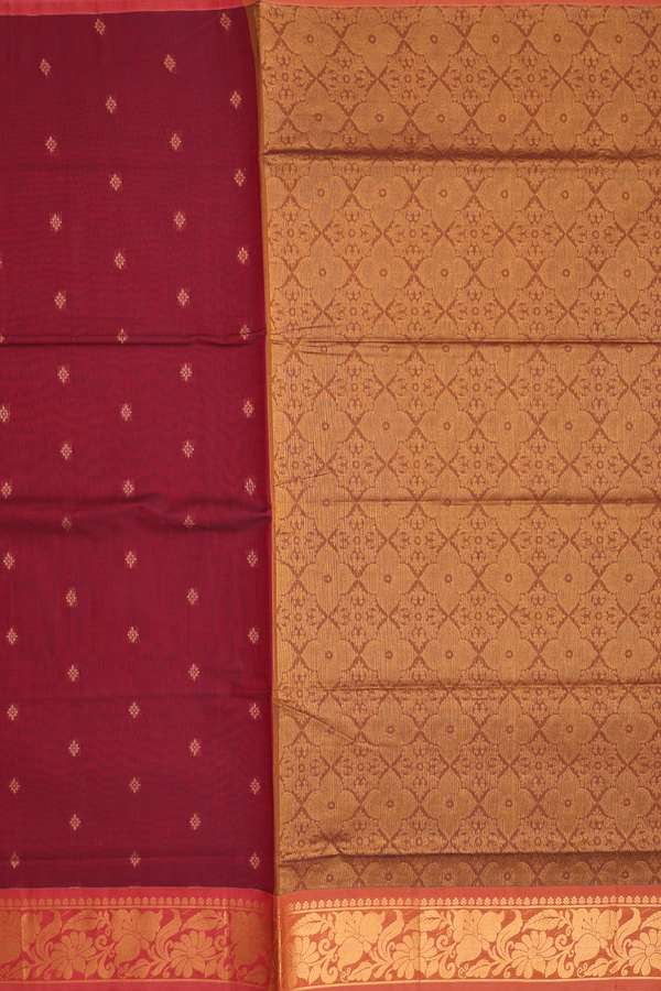 Venkatagiri Cotton Saree In Burgundy Red With Floral Buttas
