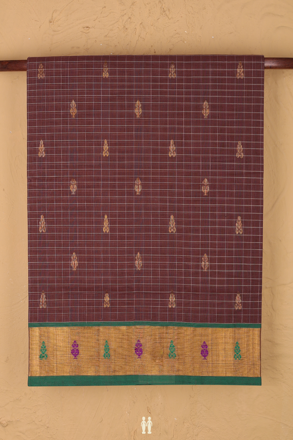 Venkatagiri Cotton Saree In Cocoa Brown With Checks Design