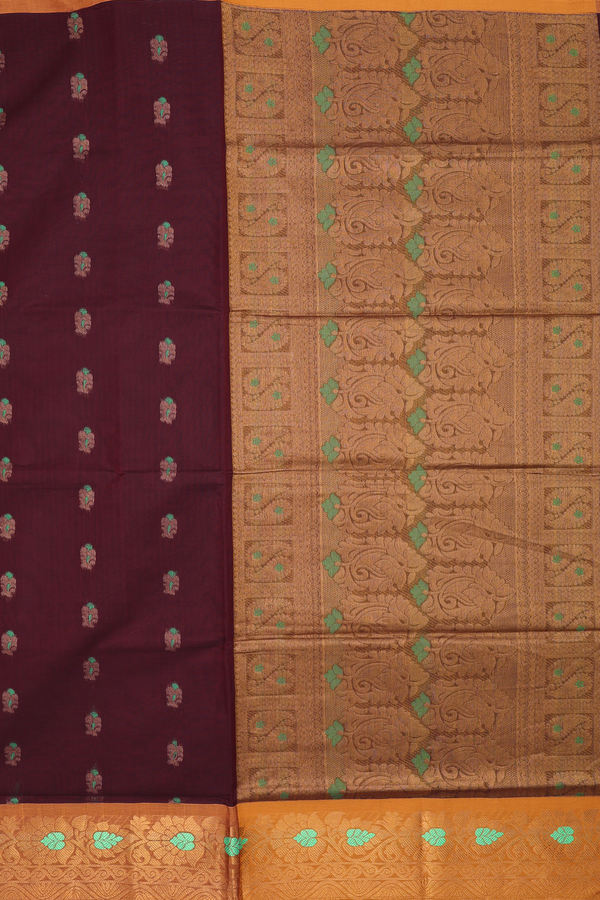 Venkatagiri Cotton Saree In Dark Maroon With Zari Buttas