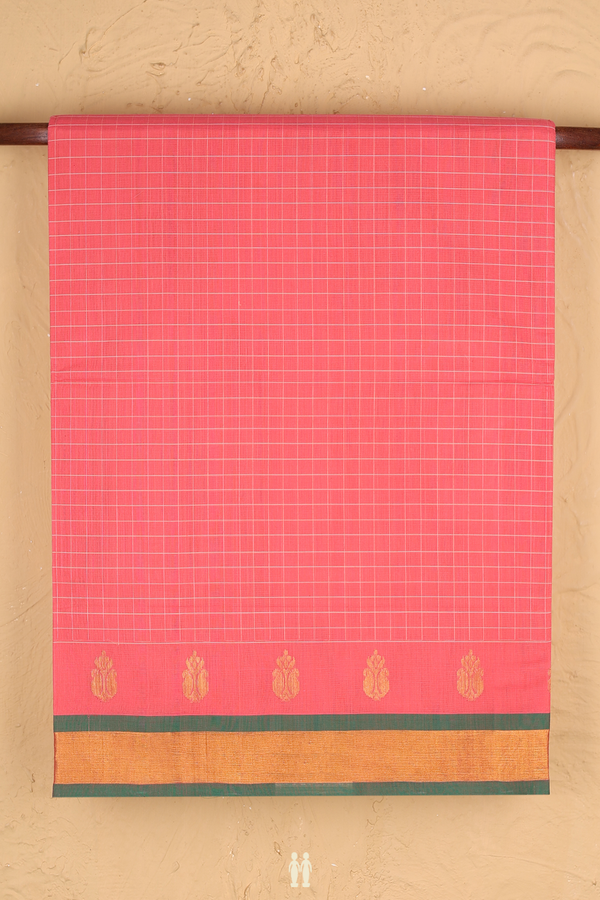 Venkatagiri Cotton Saree In Coral Pink With Checks Design