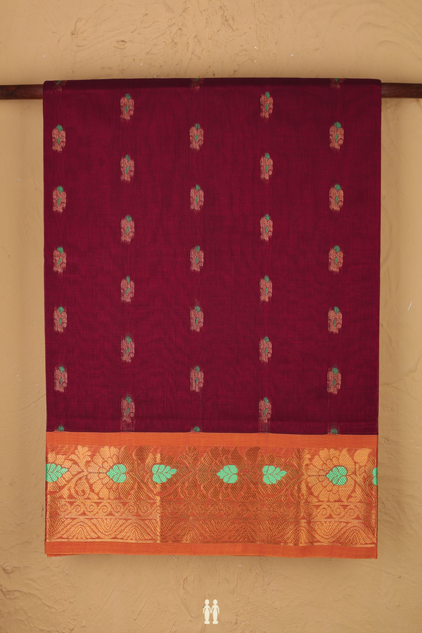 Venkatagiri Cotton Saree In Deep Magenta With Zari Buttas