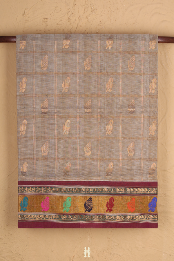 Venkatagiri Cotton Saree In Earthy Brown With Checks Design