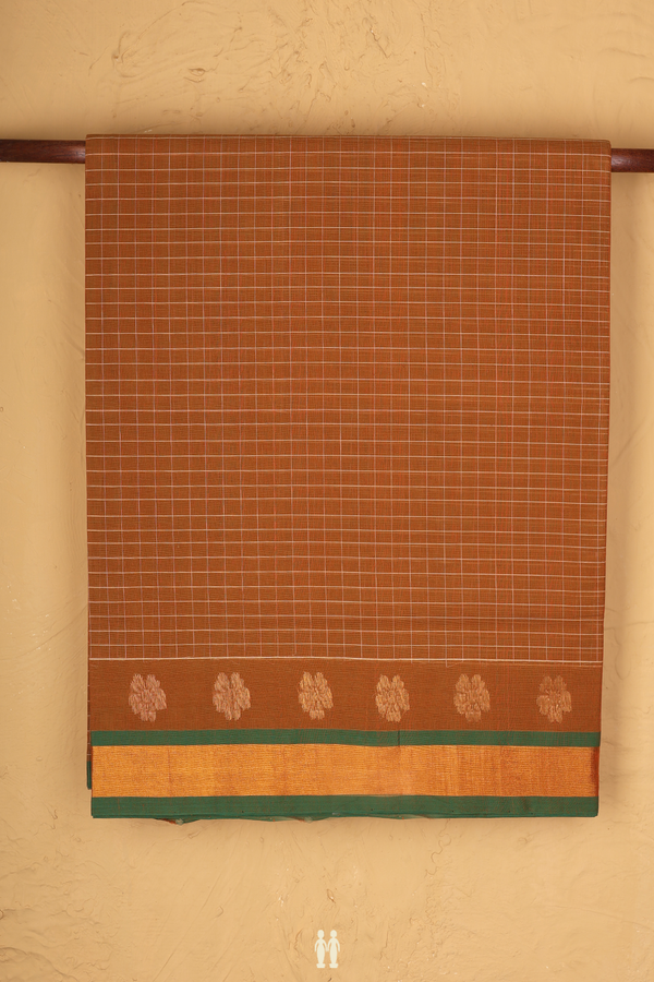 Venkatagiri Cotton Saree In Golden Brown With Checks Design