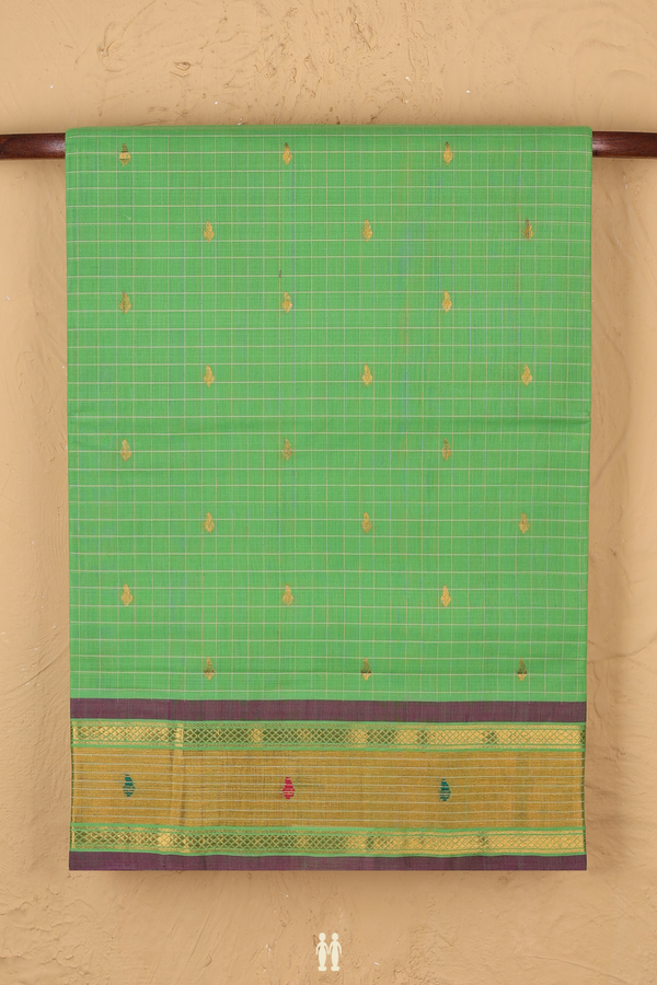 Venkatagiri Cotton Saree In Green Along Checks With Buttas