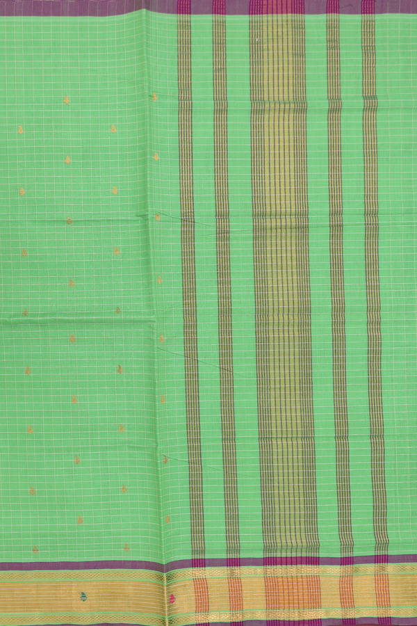 Venkatagiri Cotton Saree In Green Along Checks With Buttas
