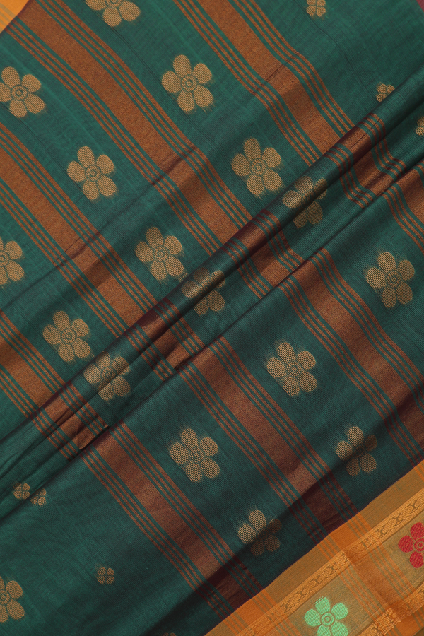 Venkatagiri Cotton Saree In Green With Floral Buttas