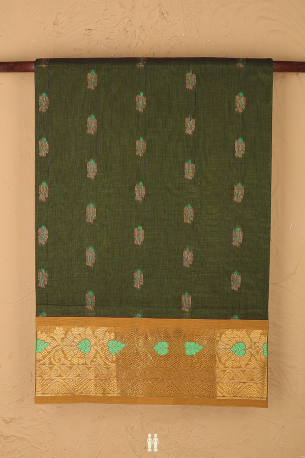 Venkatagiri Cotton Saree In Mehendi Green With Floral Buttas