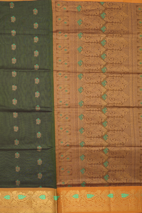 Venkatagiri Cotton Saree In Mehendi Green With Floral Buttas