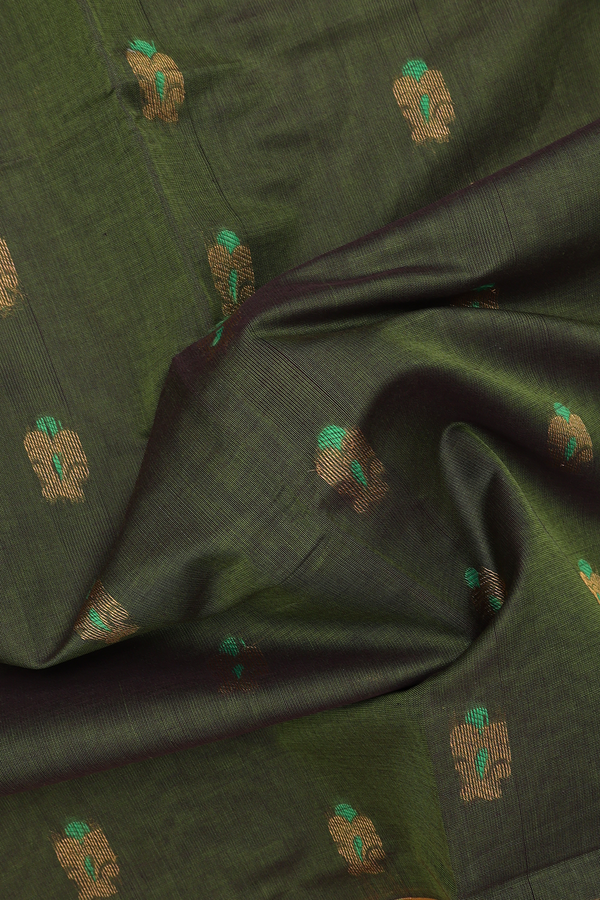 Venkatagiri Cotton Saree In Mehendi Green With Floral Buttas