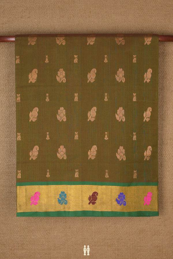 Venkatagiri Cotton Saree In Mehendi Green With Zari Motifs