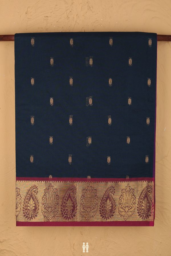 Venkatagiri Cotton Saree In Midnight Green With Zari Buttas