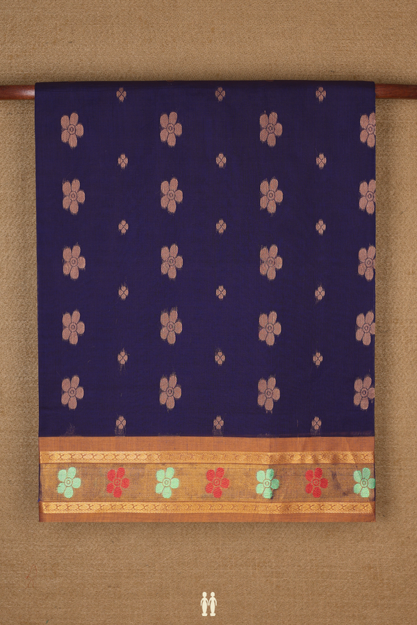 Venkatagiri Cotton Saree In Navy Blue With Floral Zari Motif