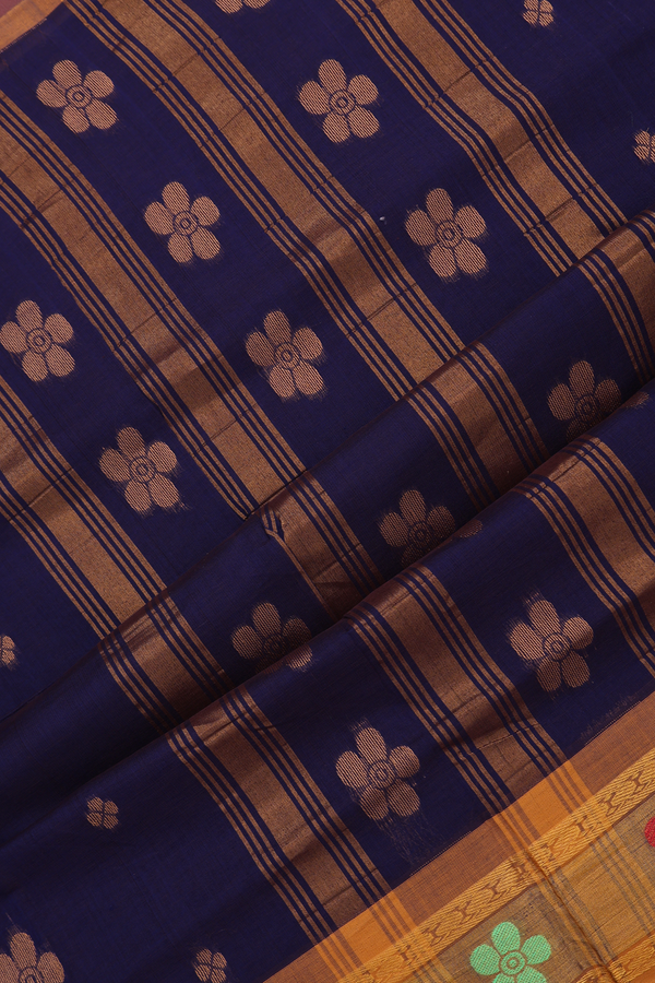 Venkatagiri Cotton Saree In Navy Blue With Floral Zari Motif