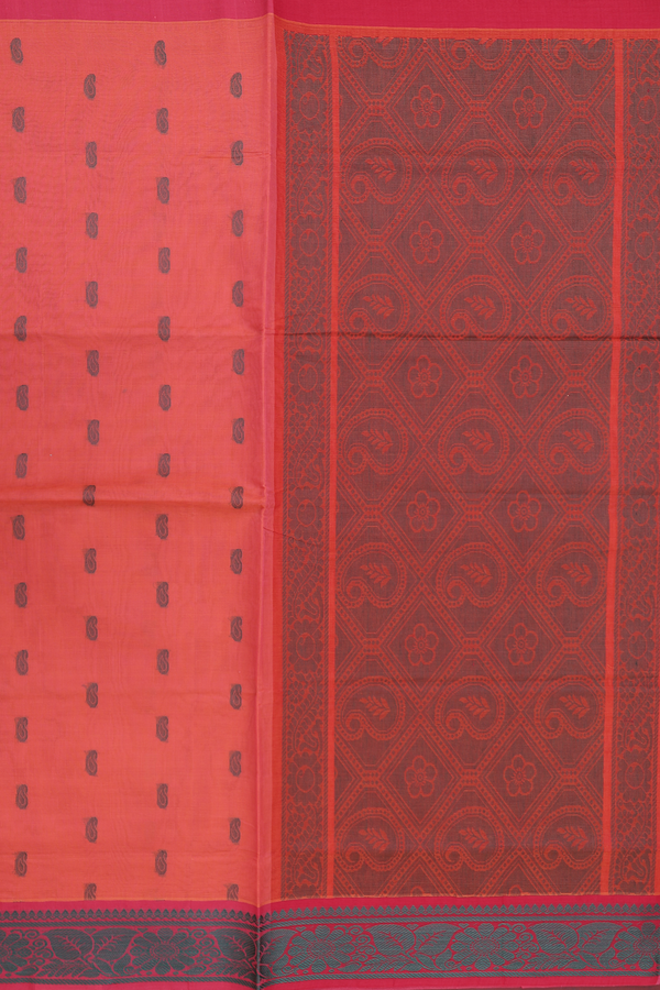 Venkatagiri Cotton Saree In Dusty Red With Paisley Buttas