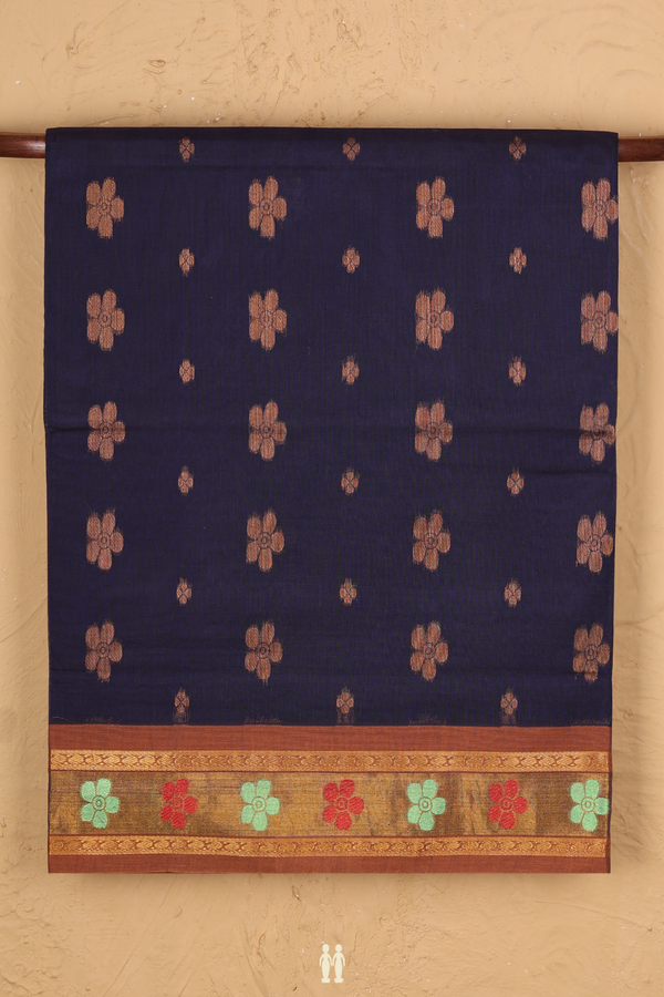 Venkatagiri Cotton Saree In Oxford Blue With Floral Buttas