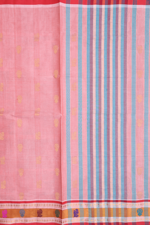 Venkatagiri Cotton Saree In Pastel Red With Zari Buttas